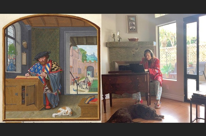 Mujer imitando pintura, pero de manera moderna