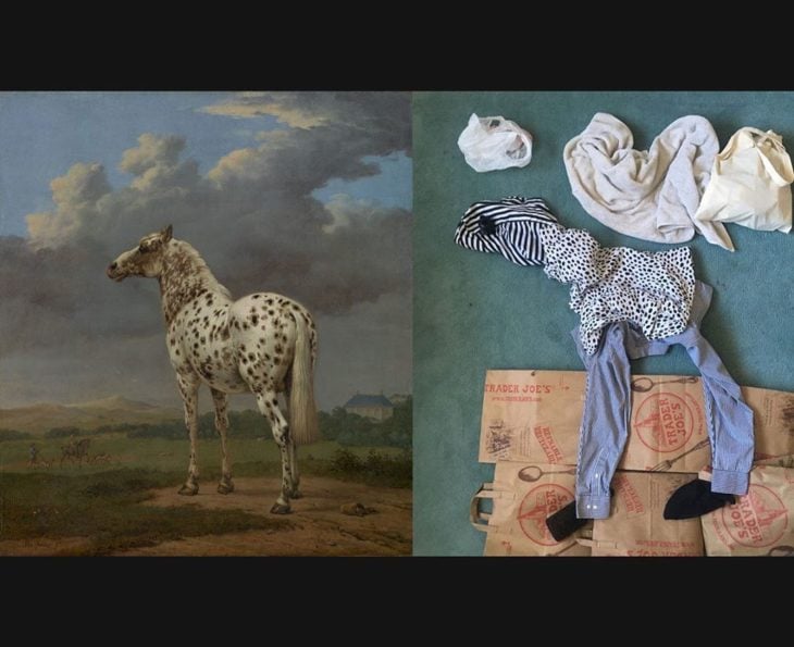 Imitación de una pintura de un caballo pero hecho con prendas y cosas de casa