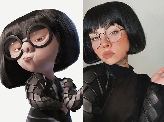 Chica con maquillaje inspirado en Edna Moda de Los increíbles de Disney