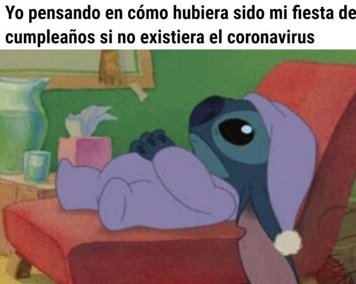 Memes de coronavirus para quienes cumplen años en cuarentena; Stitch acostado pensando