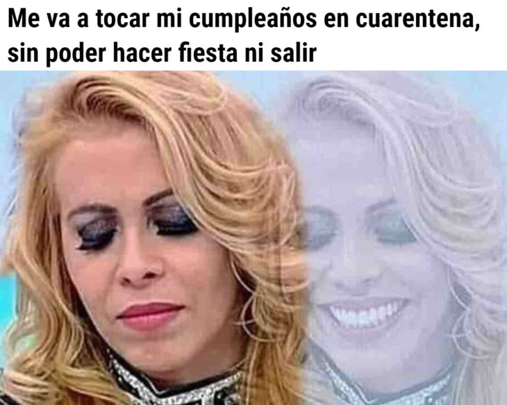 Memes de coronavirus para quienes cumplen años en cuarentena; mujer triste y feliz