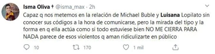 Tuit sobre Michael Bublé agrediendo a su esposa