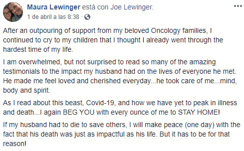Comentario en facebook sobre una mujer que le cantó a su esposo mientras estaba muriendo por Coronavirus en el hospital. 