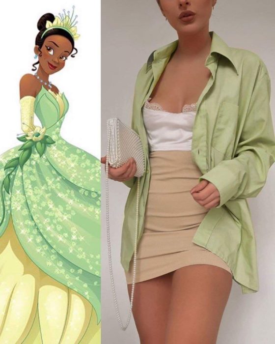 Chica vestida con falda blusa y saco de color verde inspirado en Tiana de La Princesa y el sapo 