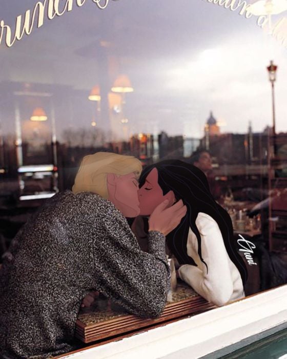 Pocahontas y John besándose en un café