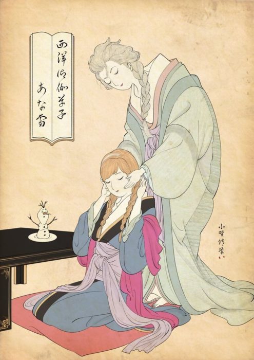 Elsa y Ana pintada con la técnica de Ukiyo-e