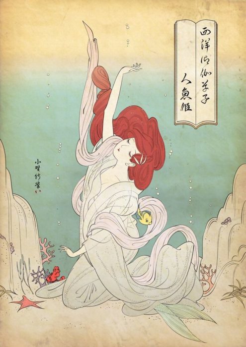 Ariel de La Sirenita pintada con la técnica de Ukiyo-e