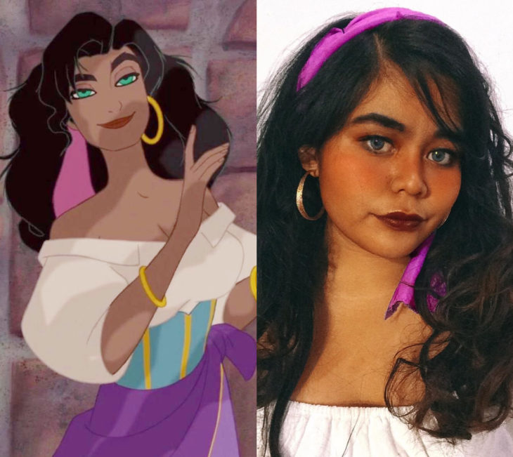 Disney princess challenge; chica disfrazada de Esmeralda, El jorobado de Notre Dame