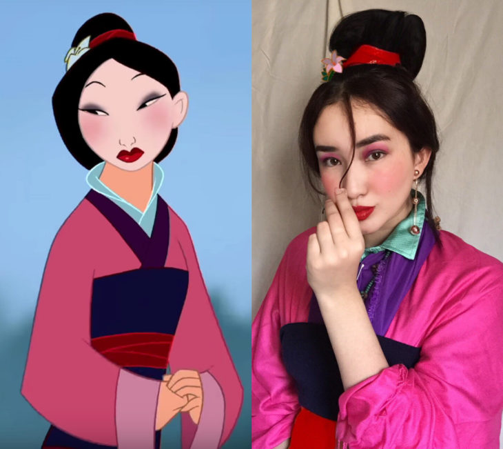 Disney princess challenge; chica disfrazada de Mulan geisha con maquillaje