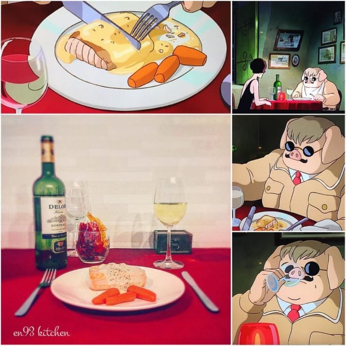 Recreación de comida de películas de Studio Ghibli, salmón con vegetales