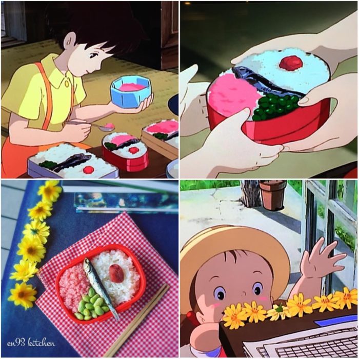 Recreación de comida de películas de Studio Ghibli, arroz, vegetales y atún