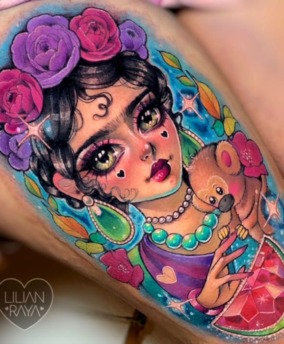 Tatuajes de Frida Kahlo estilo kawaii de colores brillantes, Lilian Raya