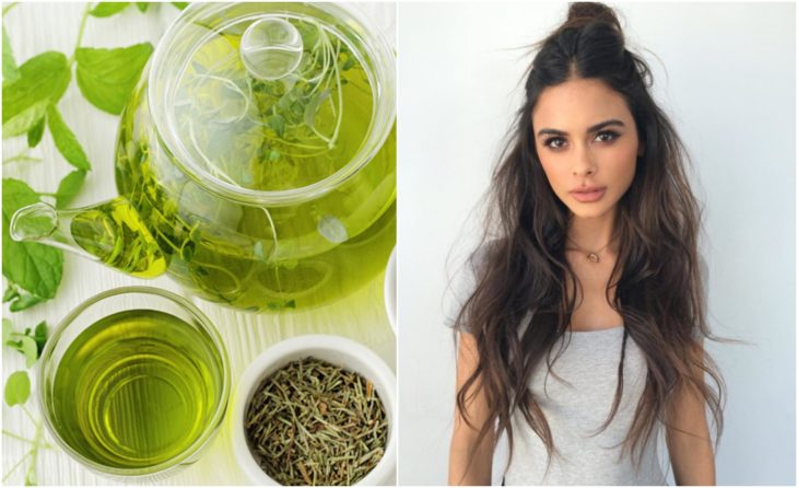 Chica con cabello largo junto a una jarra de té verde