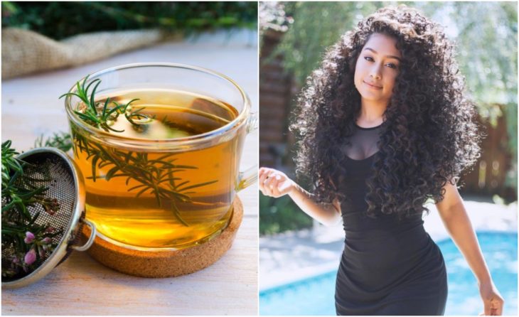 Chica de cabello largo y rizado junto a un vaso de té de romero