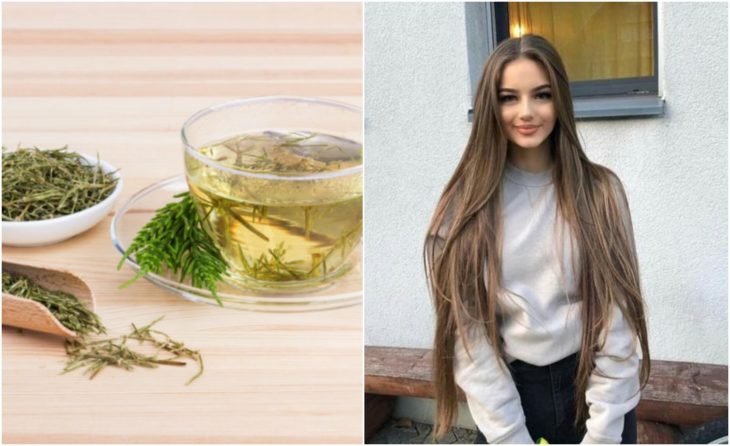 Chica de cabello largo con taza de té de cola de caballo