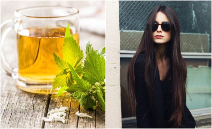 Chica de cabello largo y morado junto a una taza de té de ortiga