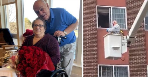 Abuelito de 88 años visita a su amada a través de la ventana a bordo de una grúa