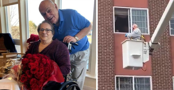 Abuelito de 88 años visita a su amada a través de la ventana a bordo de una grúa