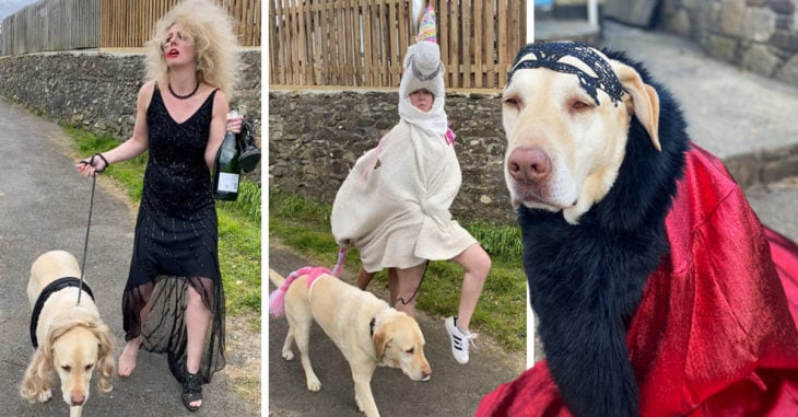 Mujer se disfraza cada que saca a pasear a su perro en cuarentena y es muy divertido