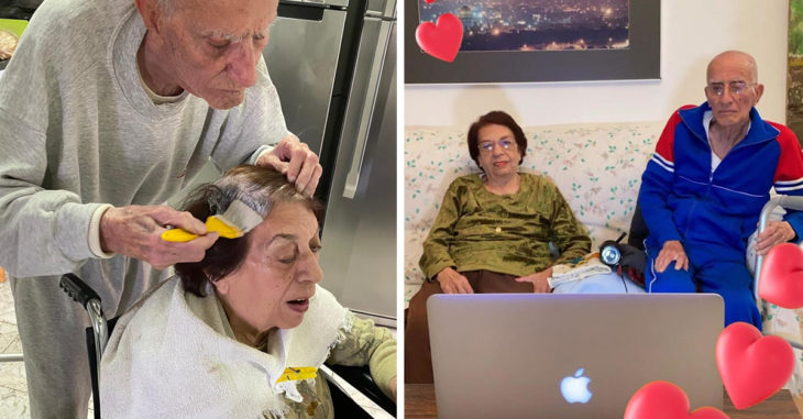 Abuelo tiñe el cabello de su esposa para que se vea linda en la cuarentena