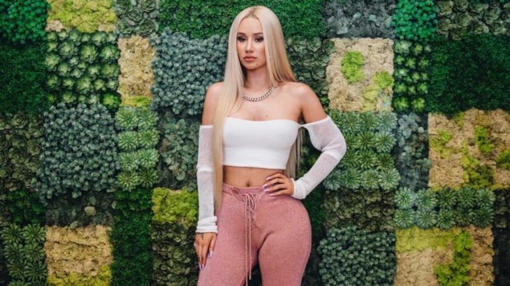 Iggy Azalea llevando top blanco corto y pantalón rosa palo