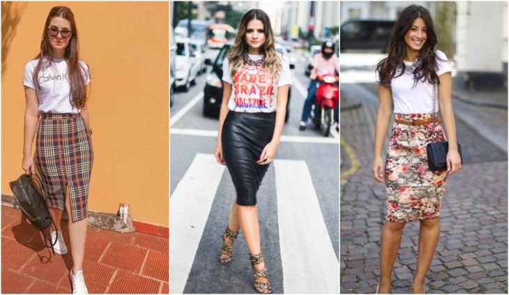 Chicas llevando falda lápiz de diferentes tipos de tela