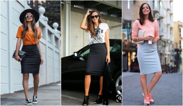 Chicas llevando falda lápiz con tenis y estilettos