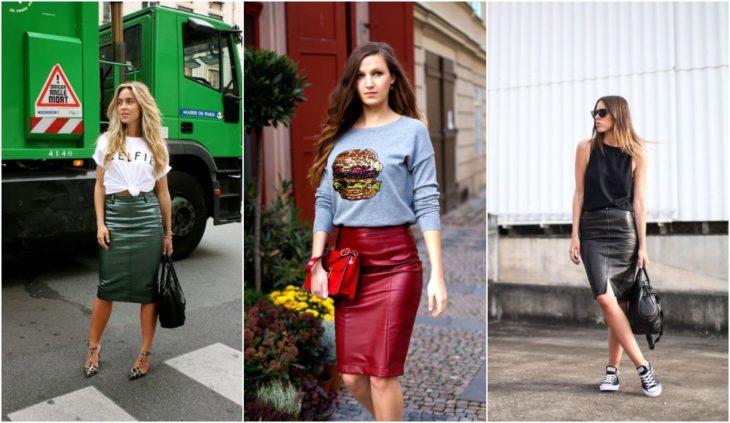 Chicas llevando falda lápiz de cuero en colores verde, negro y vino