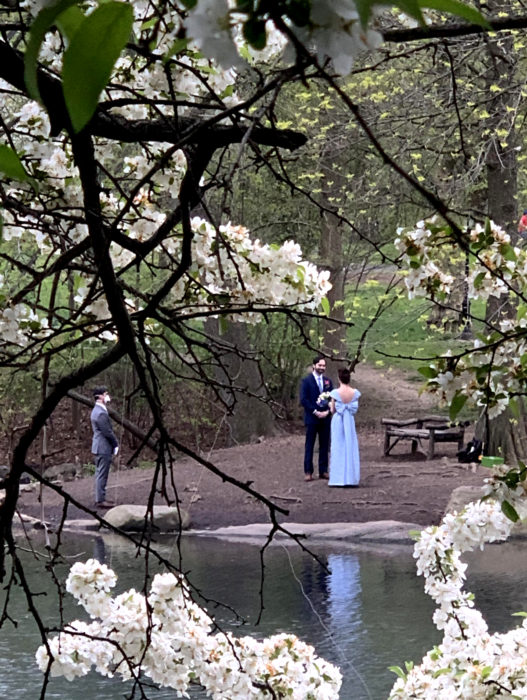 Parejas se casan en medio de cuarentena por coronavirus; esposos en un lago con árboles en flor