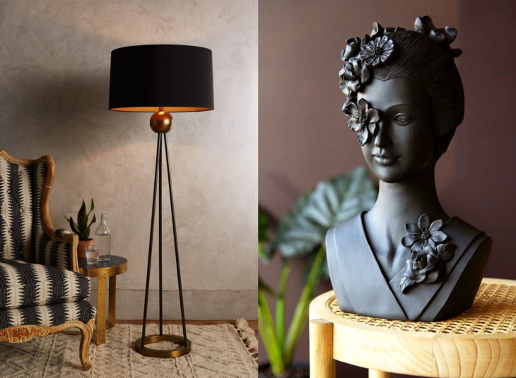 Decoración negra para tu casa; estatua y lámpara