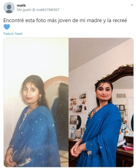 Chica recreando la foto de su mamá con un vestido turco de color azul rey 