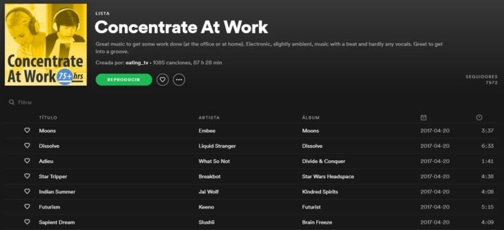 Lista de reproducción en Spotify llamada Concentrate at work