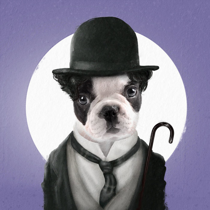 Perro pig vestido como Charles Chaplin 