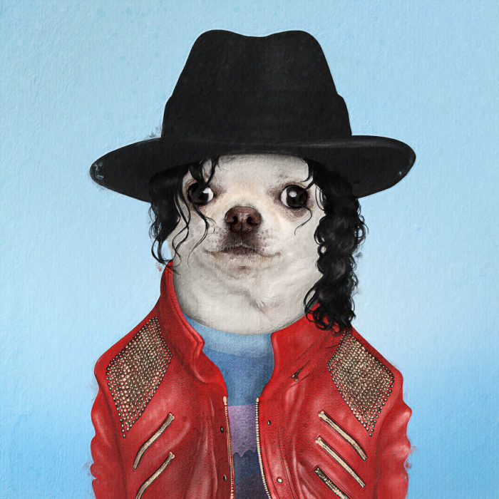 Perro chihuahu vestido como Michael Jackson