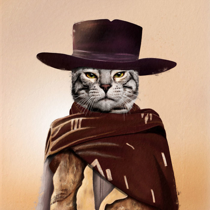 Gato gris vestido como Clint Eastwood