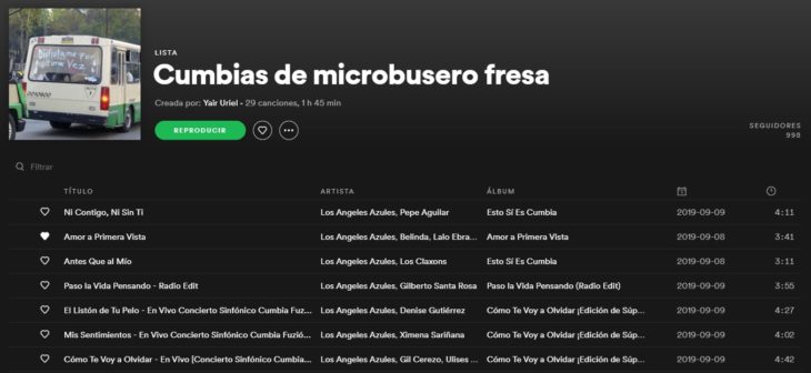 Lista de reproducción en Spotify llamada Cumbias de microbusero fresa