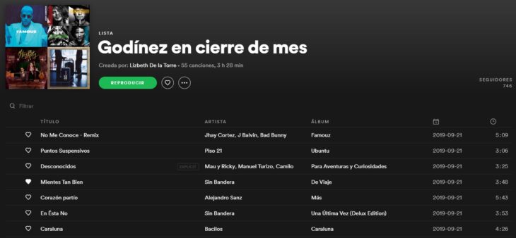 Lista de reproducción en Spotify llamada Godínez en cierre de mes