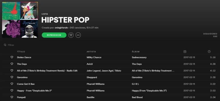 Lista de reproducción en Spotify llamada Hipster pop