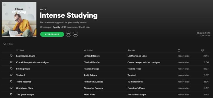 Lista de reproducción en Spotify llamada Intense Studying