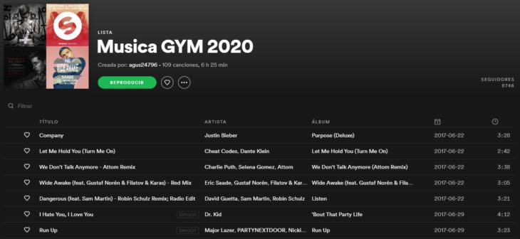 Lista de reproducción en Spotify llamada Música GYM