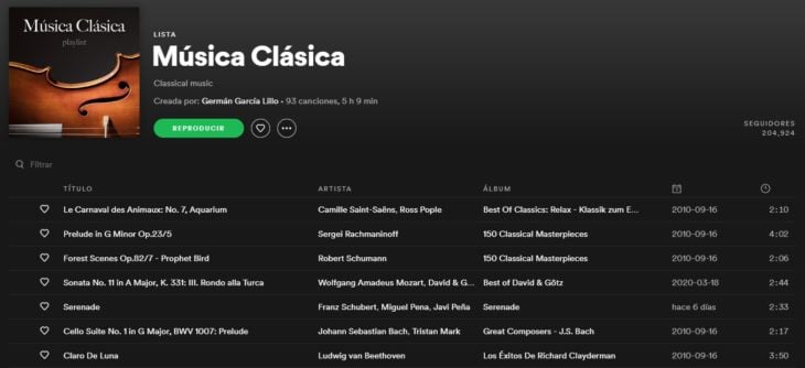 Lista de reproducción en Spotify llamada Música clásica