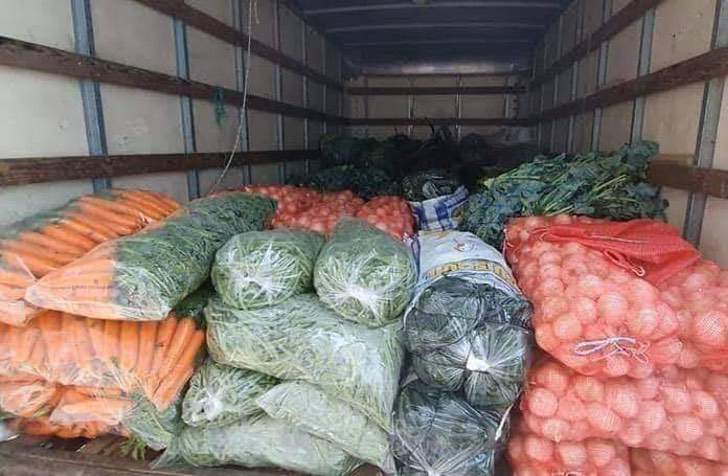 Bolsas con a,imento como aguacate, papas, zanahoria y calabaza dentro de la caja de un camión
