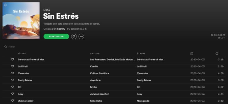 Lista de reproducción en Spotify llamada Sin estrés