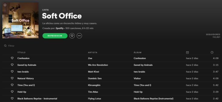 Lista de reproducción en Spotify llamada Soft office