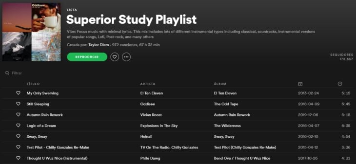 Lista de reproducción en Spotify llamada Superior Study Playlist