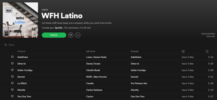 Lista de reproducción en Spotify llamada WFH Latino