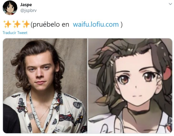 Captura de twitter con selfie y creación de waifu de Harry Styles