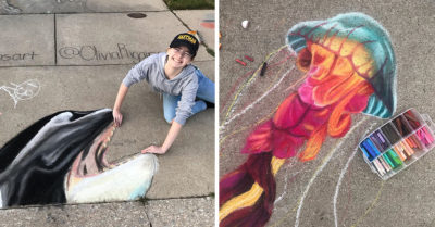 Madre e hija crean geniales dibujos 3D con tizas para llenar de color su vecindario