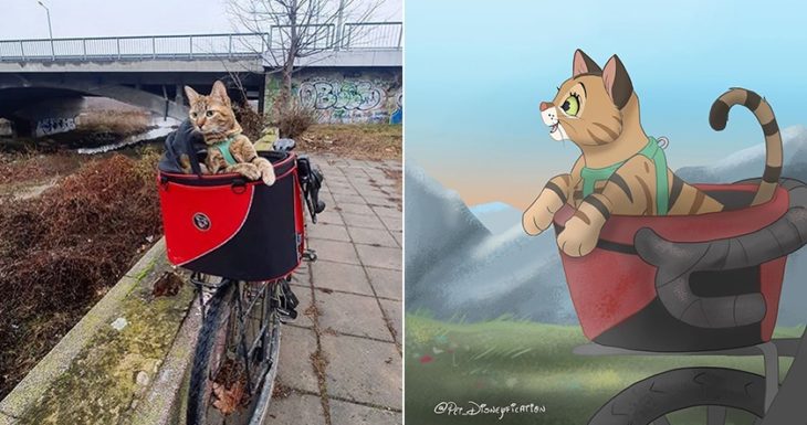 Dibujo 'Disneyficado' de un gatito en la canasta de una bicicleta