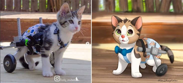 Dibujo 'Disneyficado' de un gatito que usa silla de ruedas 